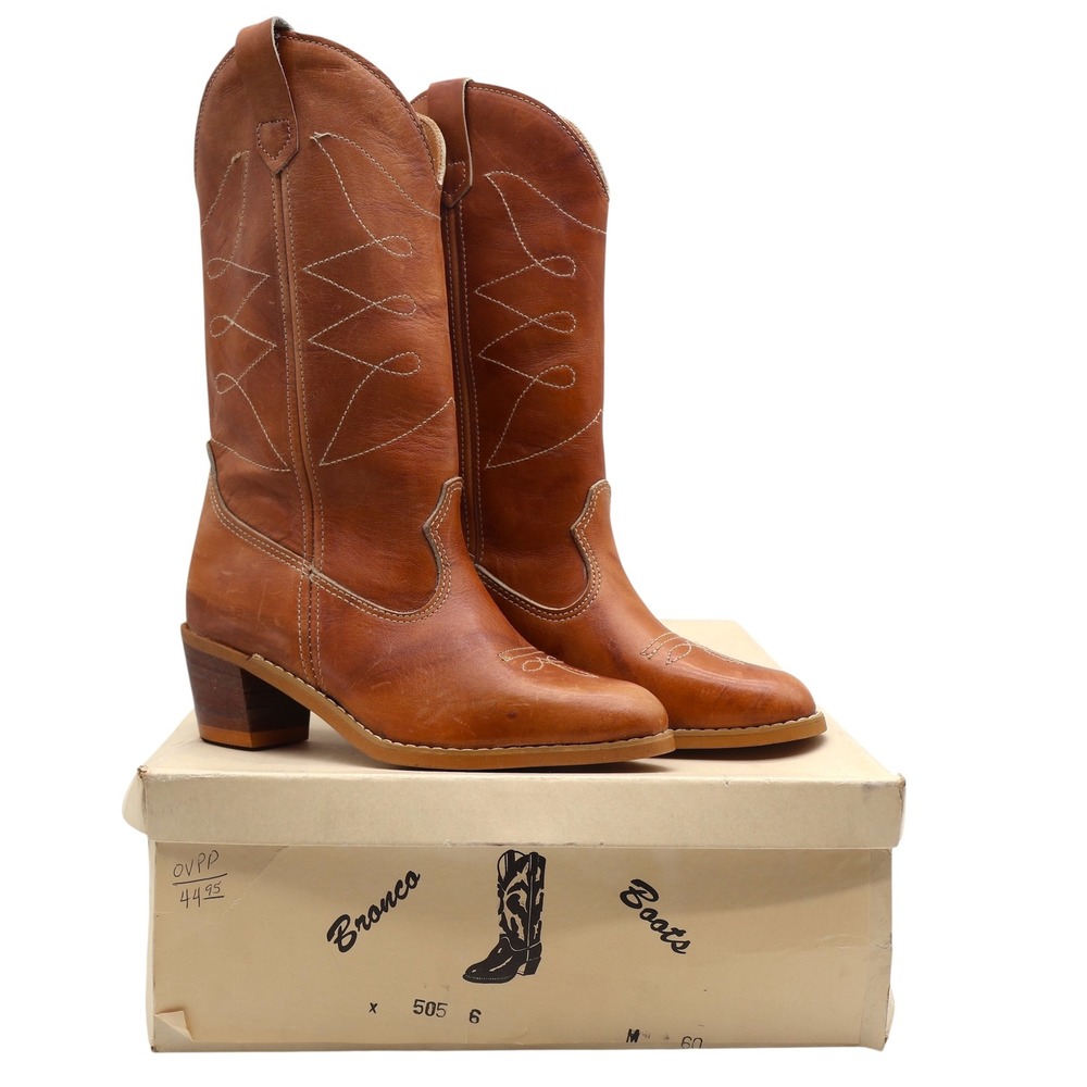Bronco Cowboy Boots Womens 6 Vintage Tan Leather Western Stitched 505 Deadstock